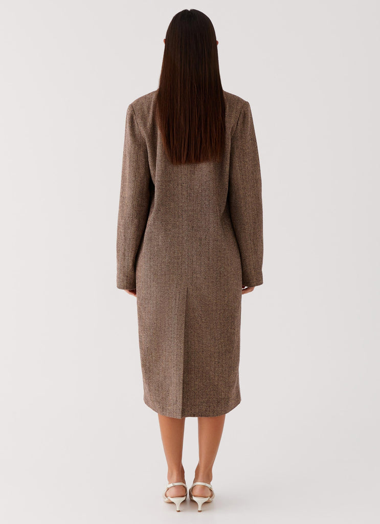 Womens Since Way Back Longline Coat in the colour Brown in front of a light grey background