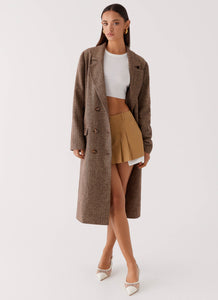 Womens Since Way Back Longline Coat in the colour Brown in front of a light grey background