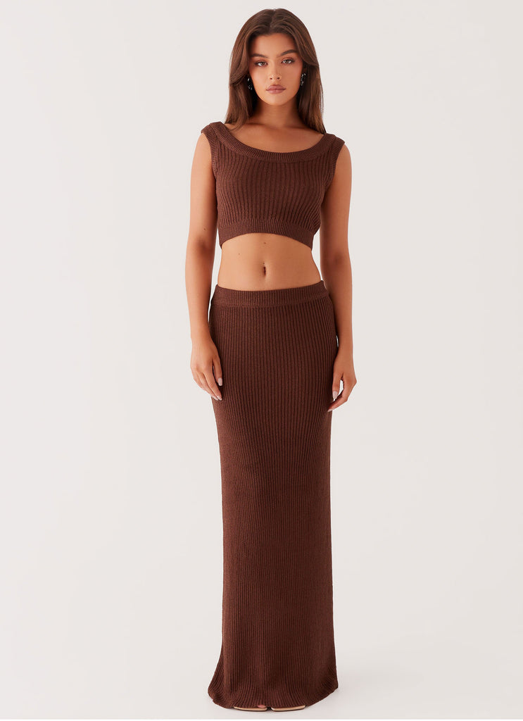 Womens Season Fever Maxi Skirt in the colour Chocolate in front of a light grey background