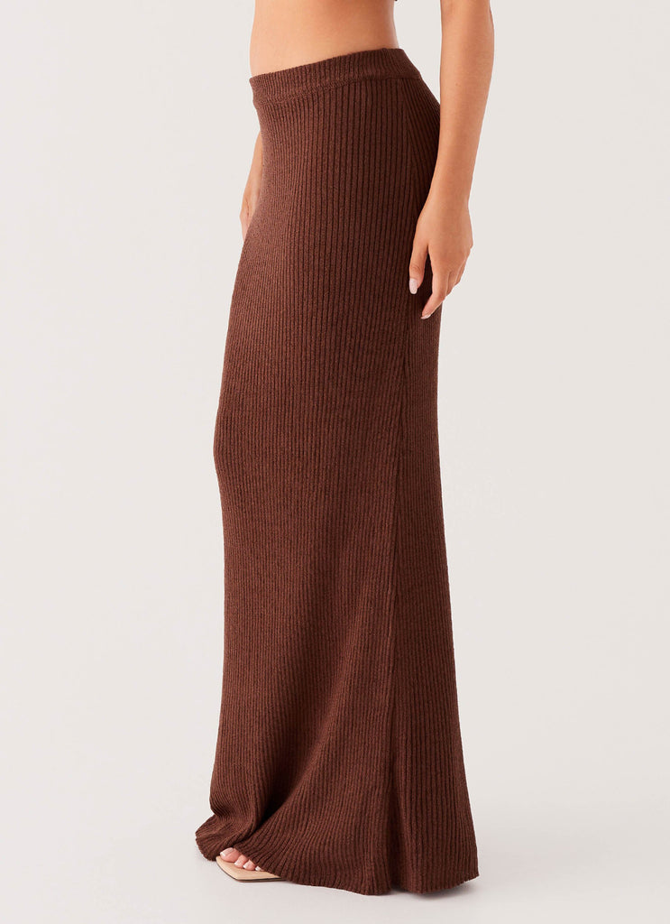 Womens Season Fever Maxi Skirt in the colour Chocolate in front of a light grey background