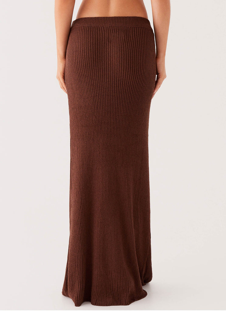 Womens Season Fever Maxi Skirt in the colour Chocolate in front of a light grey background