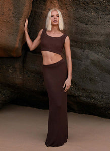 Womens Season Fever Maxi Skirt in the colour Chocolate in front of a light grey background