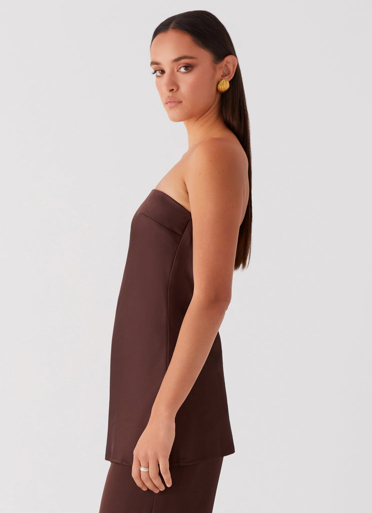 Womens Zoey Satin Tube Top in the colour Chocolate in front of a light grey background