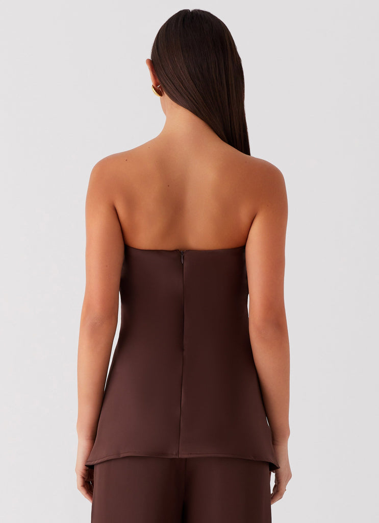 Womens Zoey Satin Tube Top in the colour Chocolate in front of a light grey background