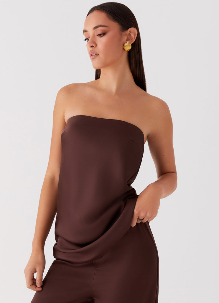 Womens Zoey Satin Tube Top in the colour Chocolate in front of a light grey background