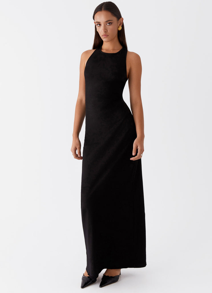 Womens Alice Cut Out Maxi Dress in the colour Black in front of a light grey background