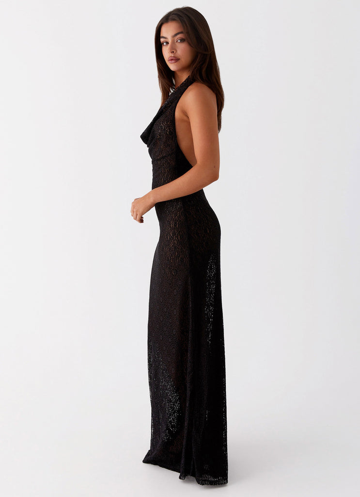 Womens Tempest Cowl Neck Maxi Dress in the colour Black in front of a light grey background