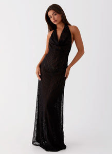 Womens Tempest Cowl Neck Maxi Dress in the colour Black in front of a light grey background