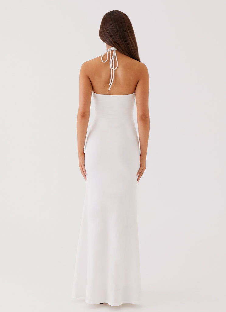 Womens Serina Ruffle Maxi Dress in the colour White in front of a light grey background