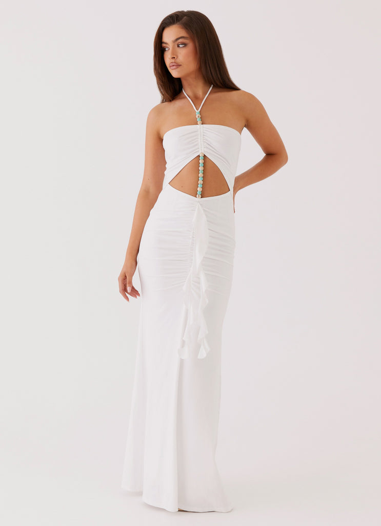 Womens Serina Ruffle Maxi Dress in the colour White in front of a light grey background