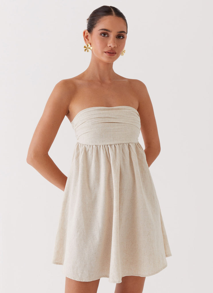 Womens Night Changes Linen Mini Dress in the colour Oatmeal in front of a light grey background