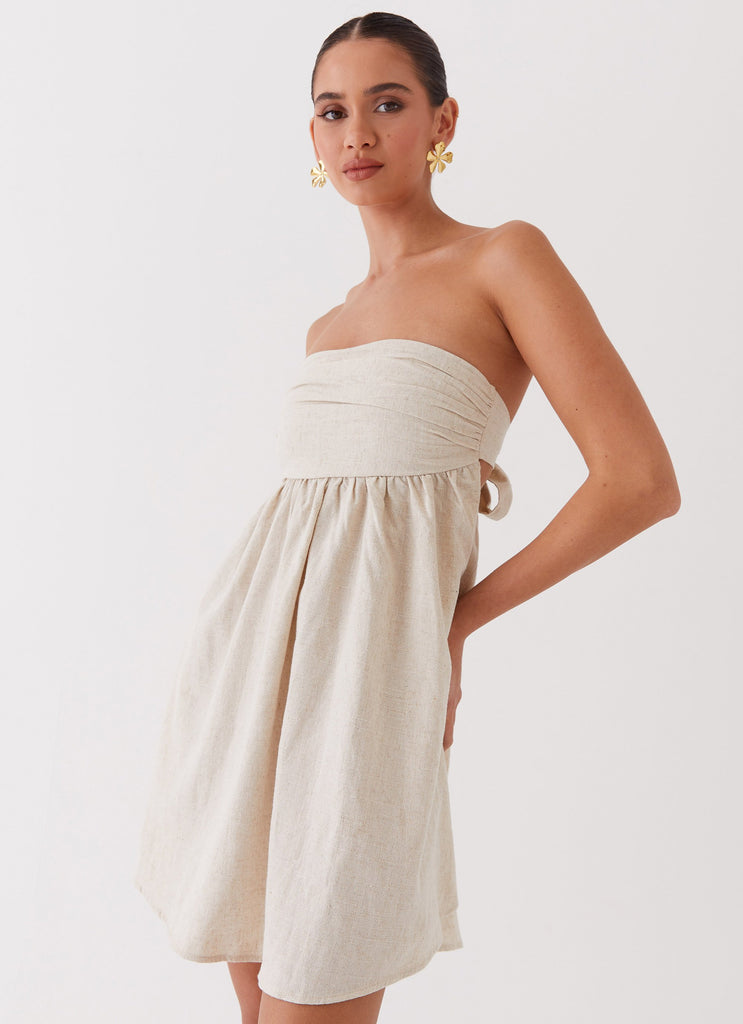 Womens Night Changes Linen Mini Dress in the colour Oatmeal in front of a light grey background