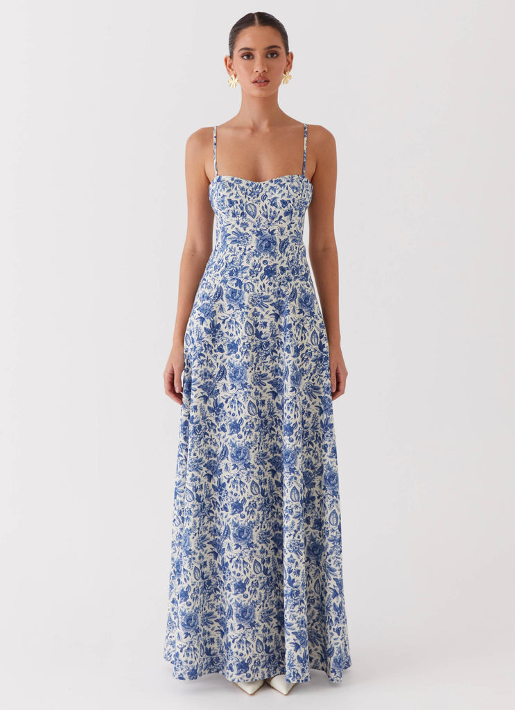 Womens Angelina Linen Maxi Dress in the colour Blue Paisley in front of a light grey background