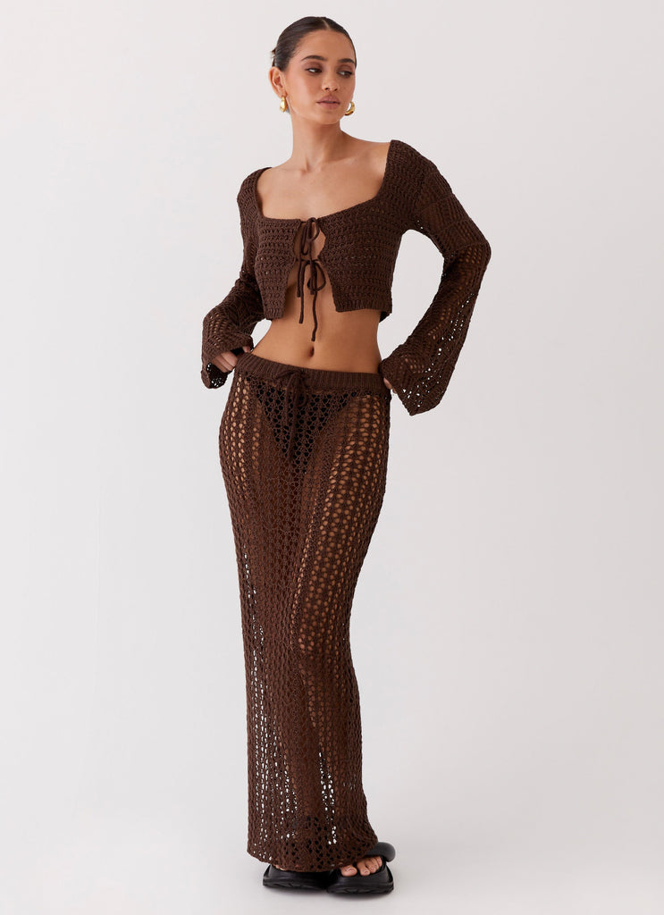 Womens Rosalina Crochet Long Sleeve Top in the colour Chocolate in front of a light grey background