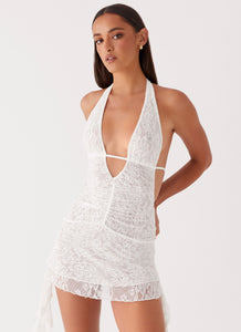 Womens Ritz Lace Mini Dress in the colour White in front of a light grey background