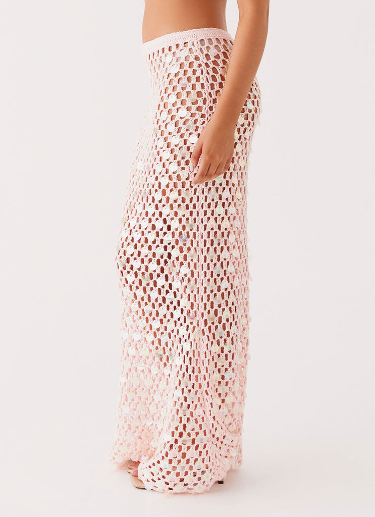 Womens Evissa Crochet Maxi Skirt in the colour Pink in front of a light grey background