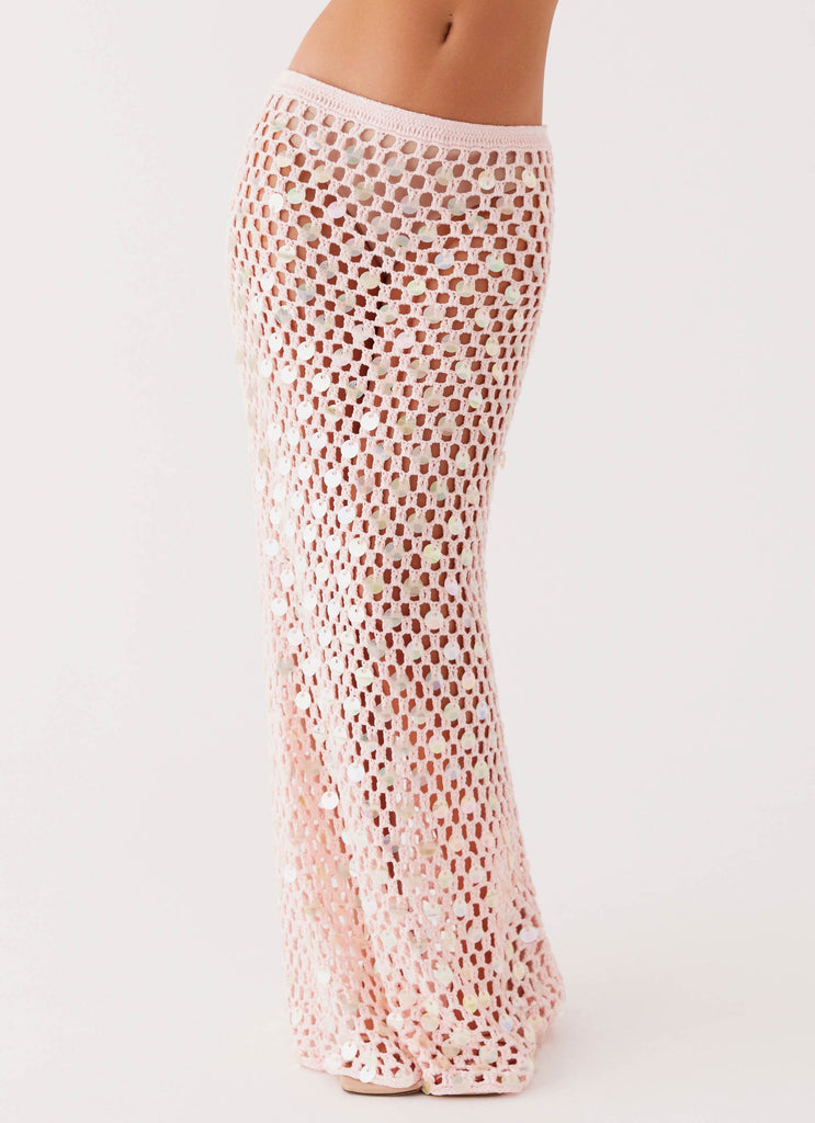 Womens Evissa Crochet Maxi Skirt in the colour Pink in front of a light grey background