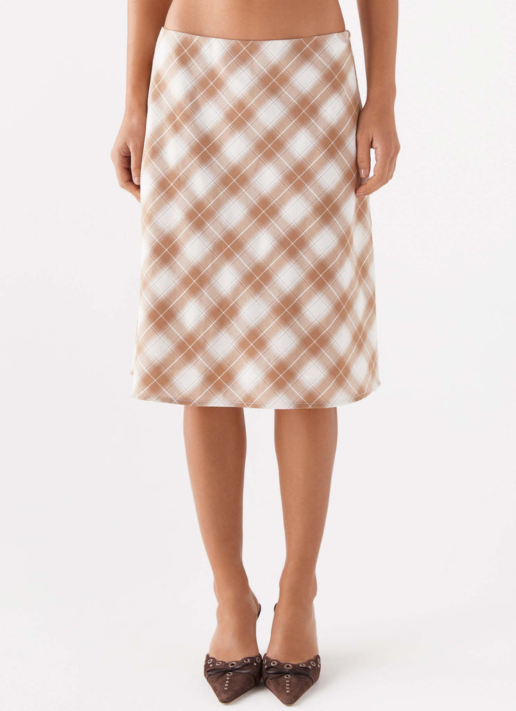 Womens Andie Midi Skirt in the colour Brown/White Plaid in front of a light grey background