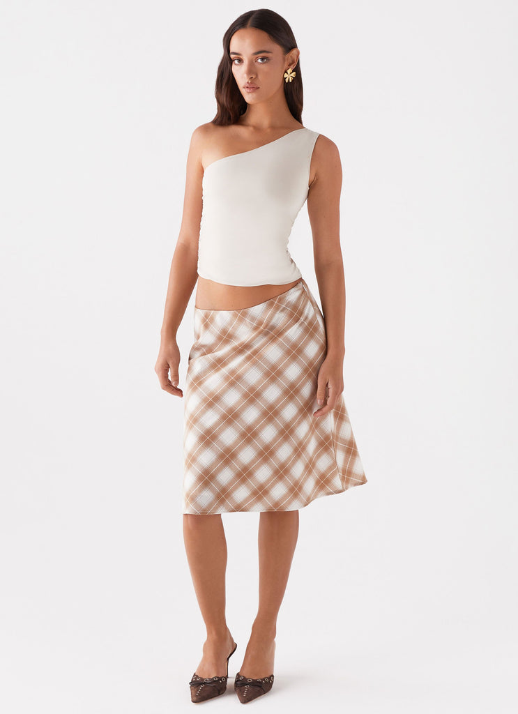 Womens Andie Midi Skirt in the colour Brown/White Plaid in front of a light grey background