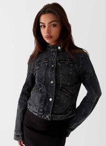 Womens Another Late Night Denim Jacket in the colour Charcoal in front of a light grey background