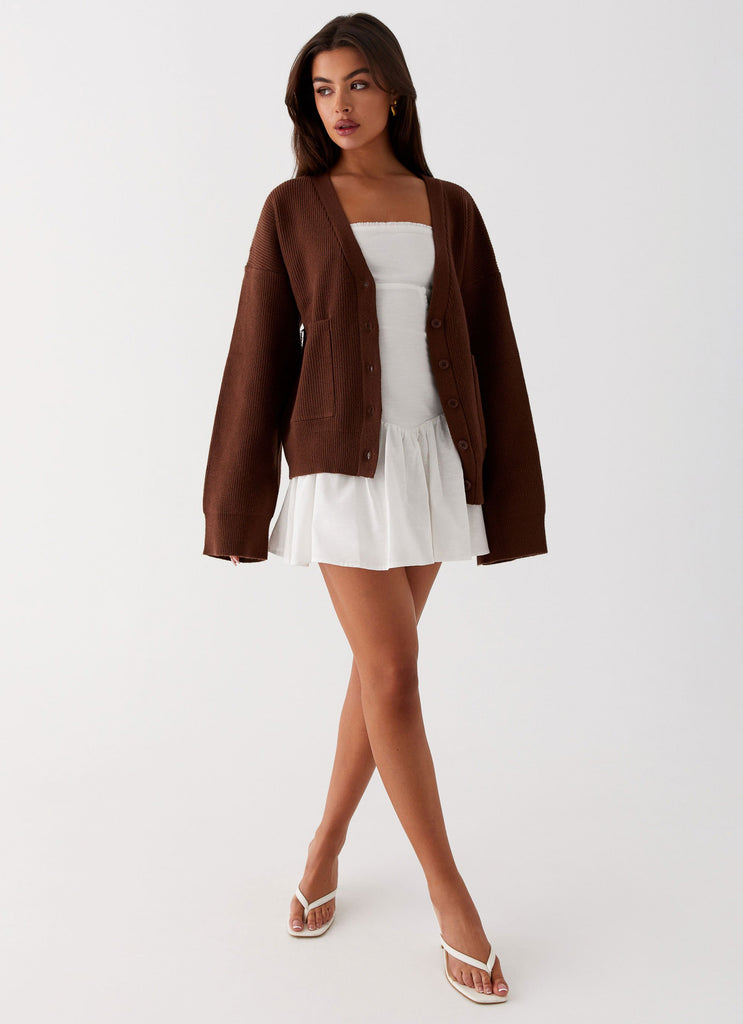 Womens Liza Knit Cardigan in the colour Chocolate in front of a light grey background