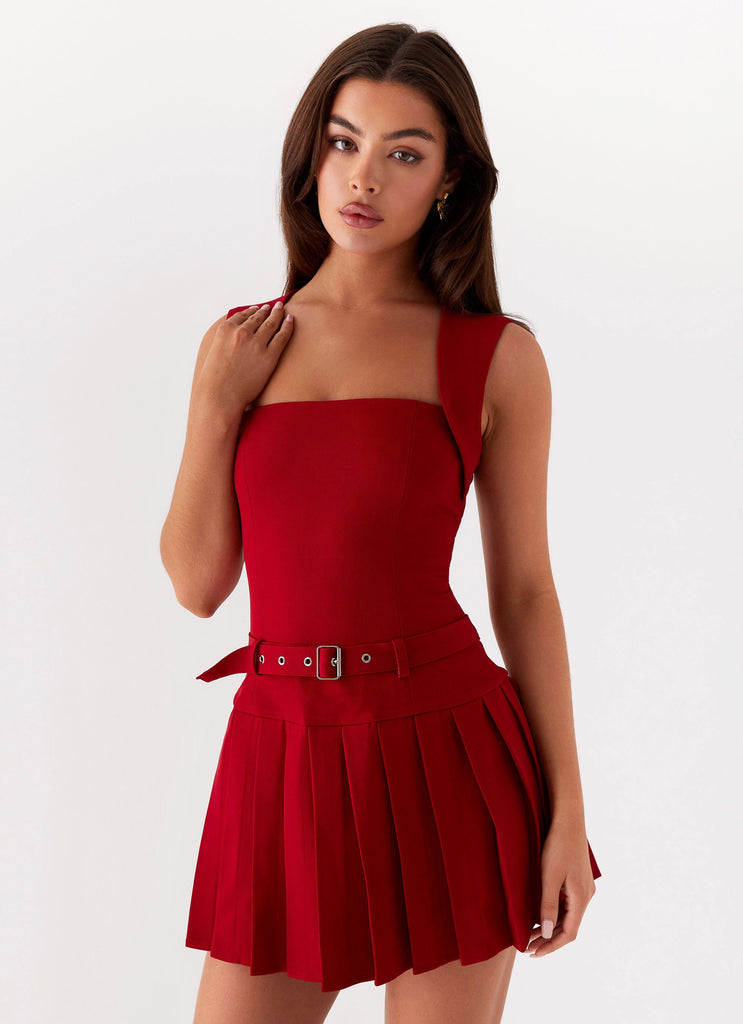 Womens Justina Belted Mini Dress in the colour Red in front of a light grey background