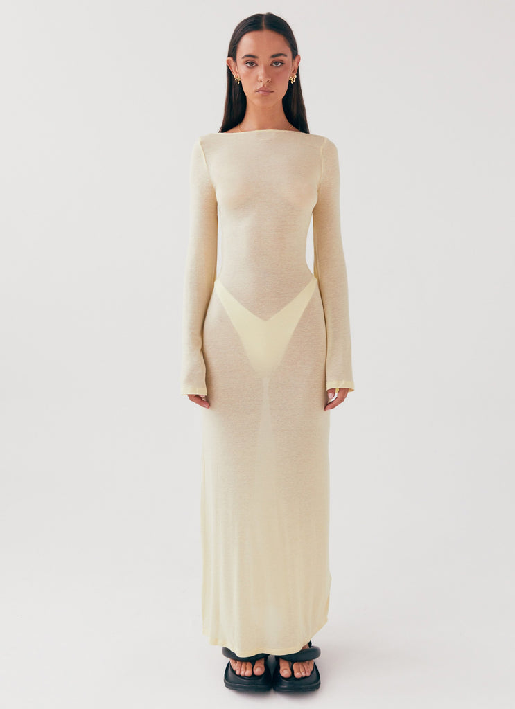 Womens Olivia Long Sleeve Maxi Dress in the colour Lemon in front of a light grey background