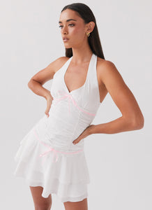 Womens Kordyn Mini Dress in the colour White in front of a light grey background