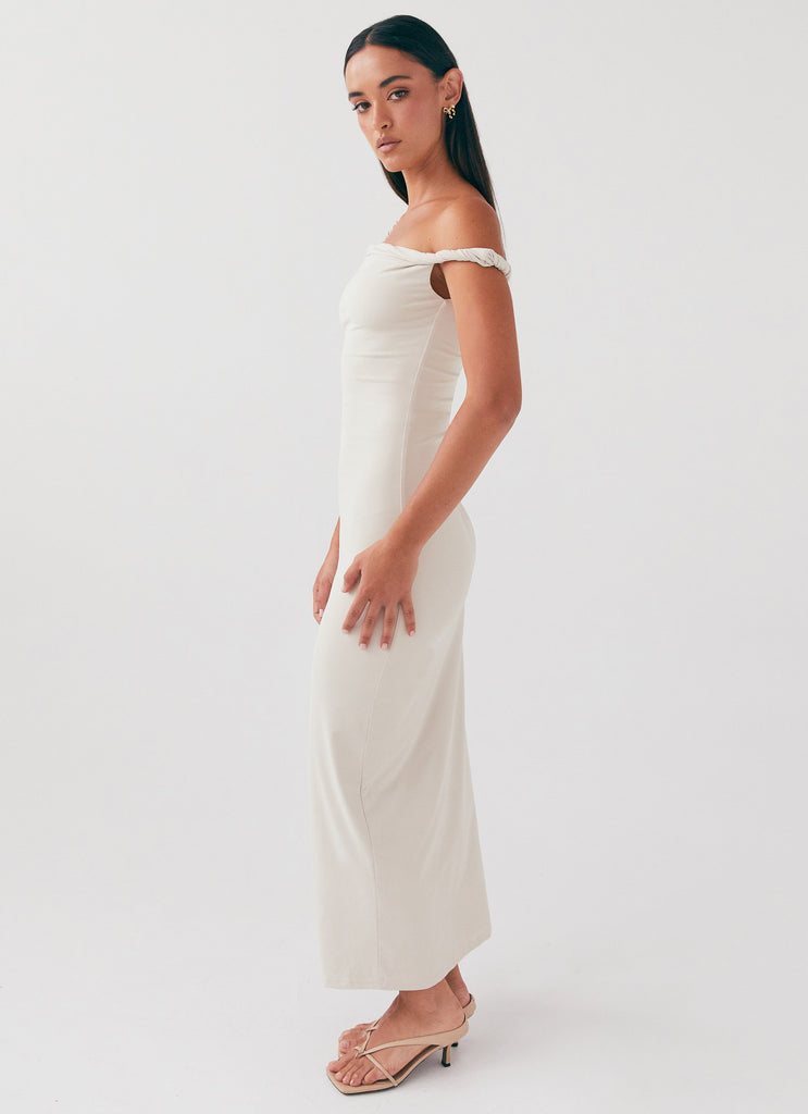 Womens Arabella Twist Shoulder Maxi Dress in the colour Beige in front of a light grey background