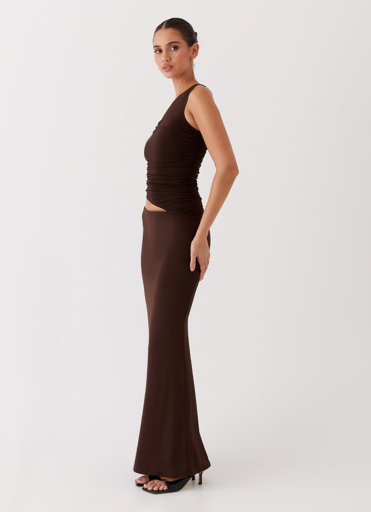 Womens Seranella One Shoulder Maxi Dress in the colour Chocolate in front of a light grey background