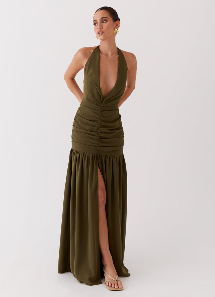 Womens Truly In Love Maxi Dress in the colour Khaki in front of a light grey background