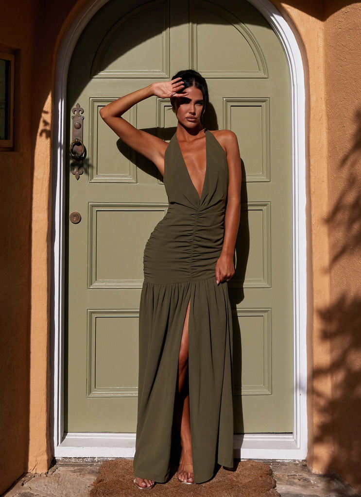 Womens Truly In Love Maxi Dress in the colour Khaki in front of a light grey background