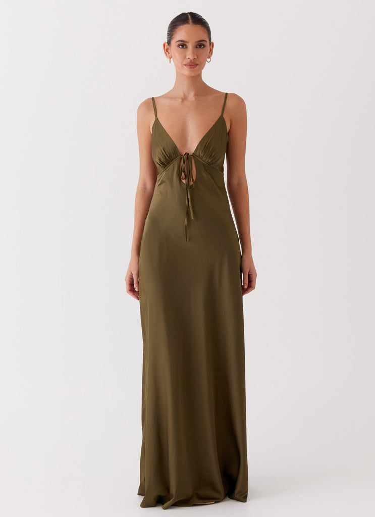 Womens Flora Satin Maxi Dress in the colour Khaki in front of a light grey background