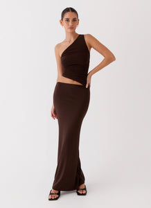 Womens Seranella One Shoulder Maxi Dress in the colour Chocolate in front of a light grey background