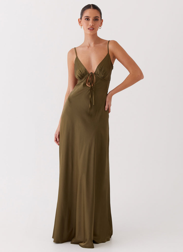 Womens Flora Satin Maxi Dress in the colour Khaki in front of a light grey background