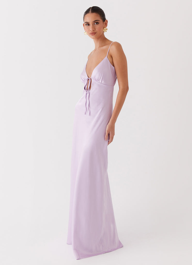 Womens Flora Satin Maxi Dress in the colour Lilac in front of a light grey background