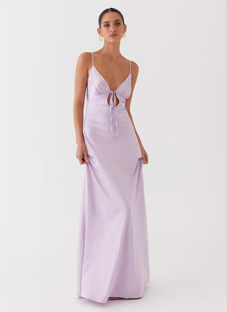 Womens Flora Satin Maxi Dress in the colour Lilac in front of a light grey background