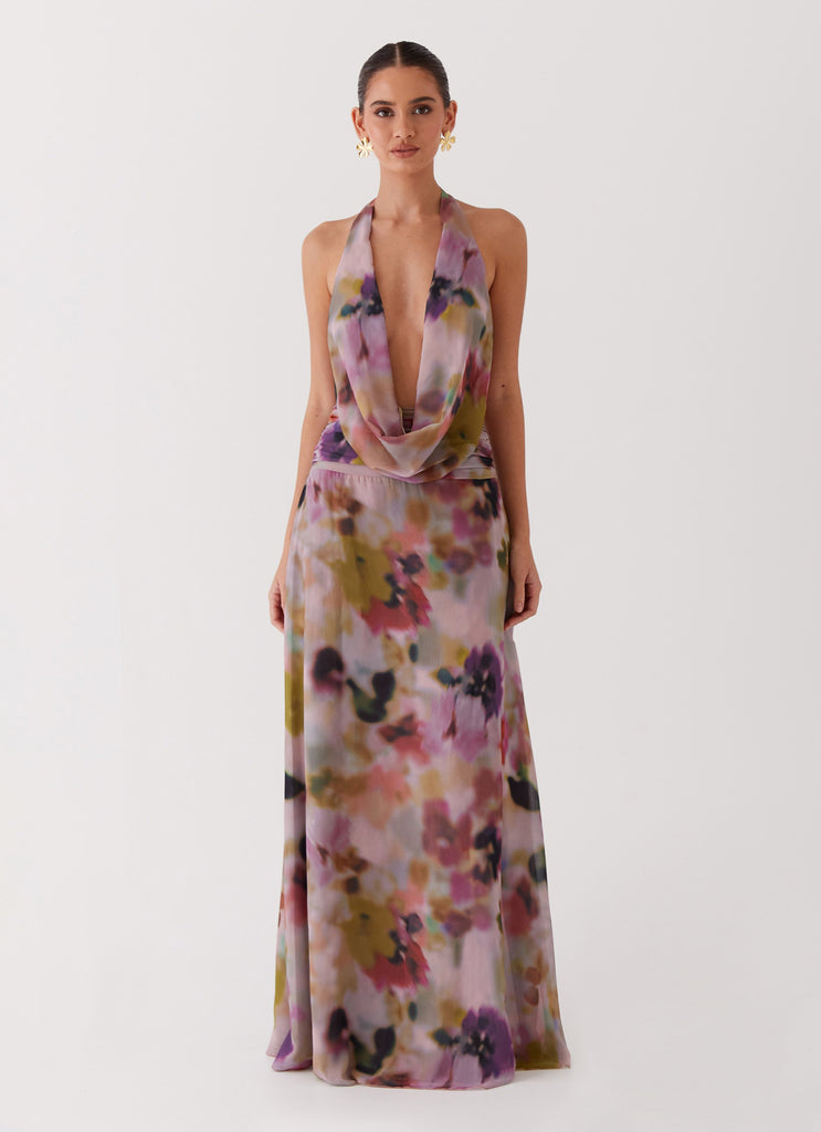 Womens Elysia Chiffon Maxi Dress in the colour Mystic Meadow in front of a light grey background