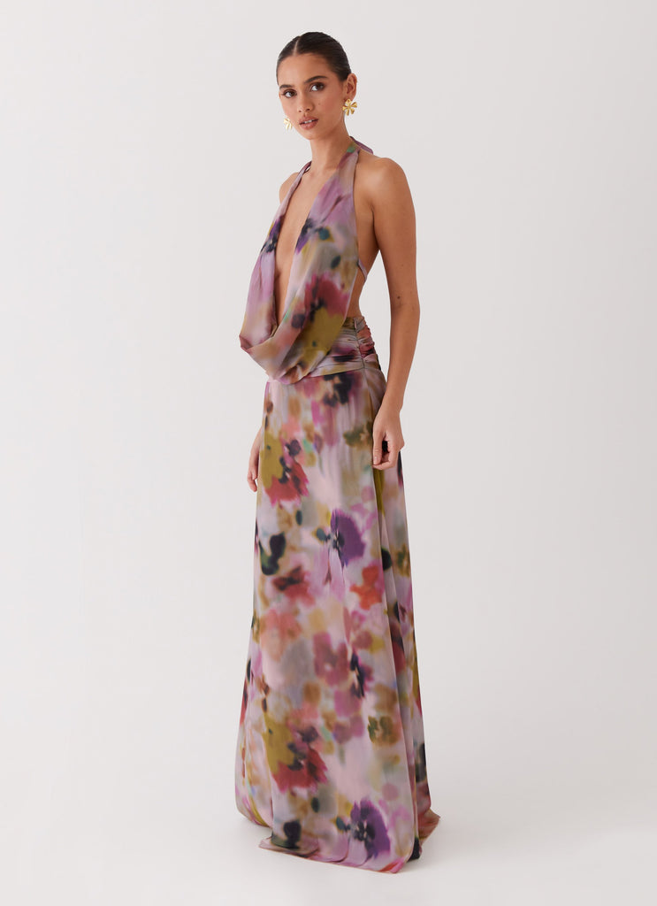 Womens Elysia Chiffon Maxi Dress in the colour Mystic Meadow in front of a light grey background