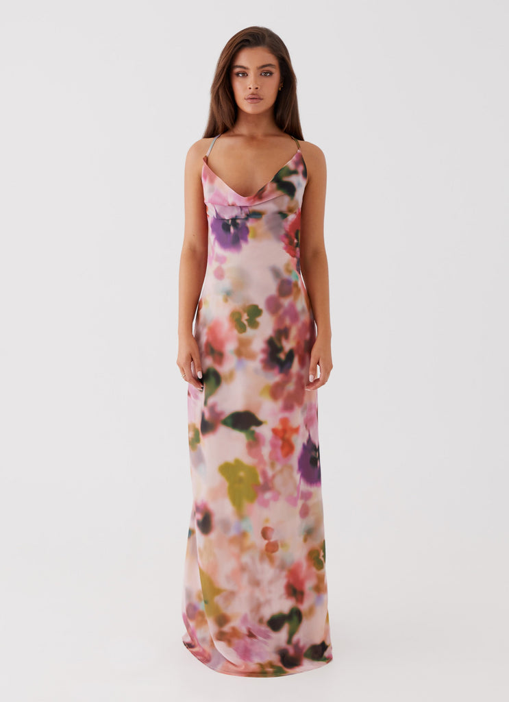 Womens Abigail Cowl Maxi Dress in the colour Mystic Meadow in front of a light grey background