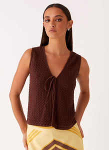 Womens Lillie Knit Tie Vest Top in the colour Chocolate in front of a light grey background