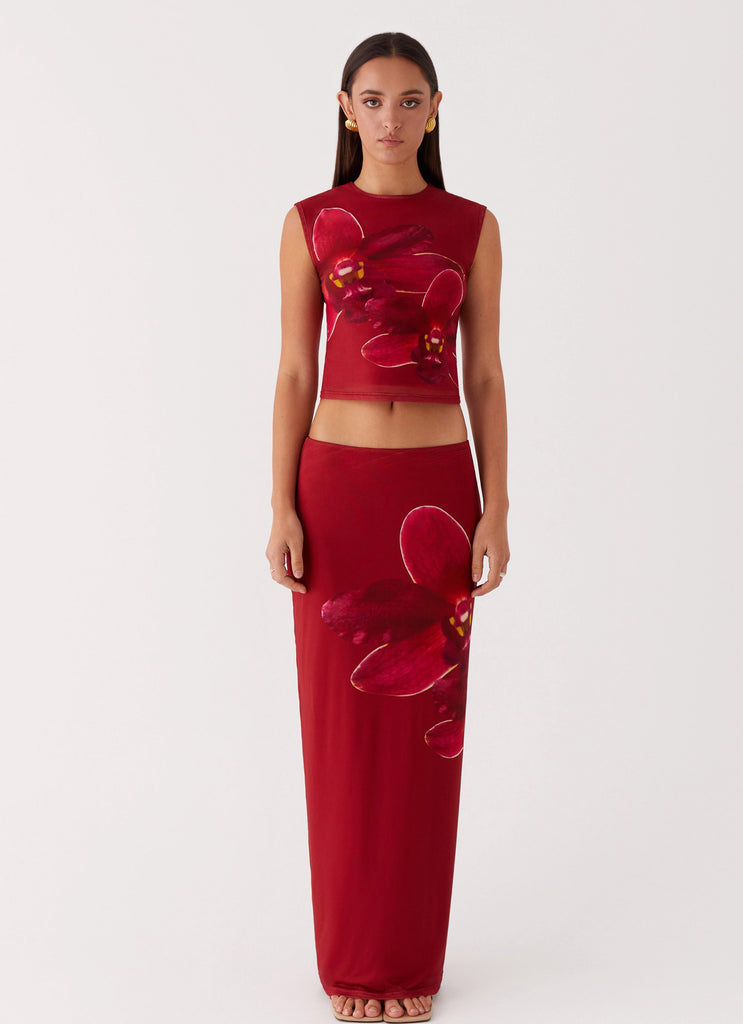 Womens Waiting For Dawn Mesh Maxi Skirt in the colour Rosa in front of a light grey background