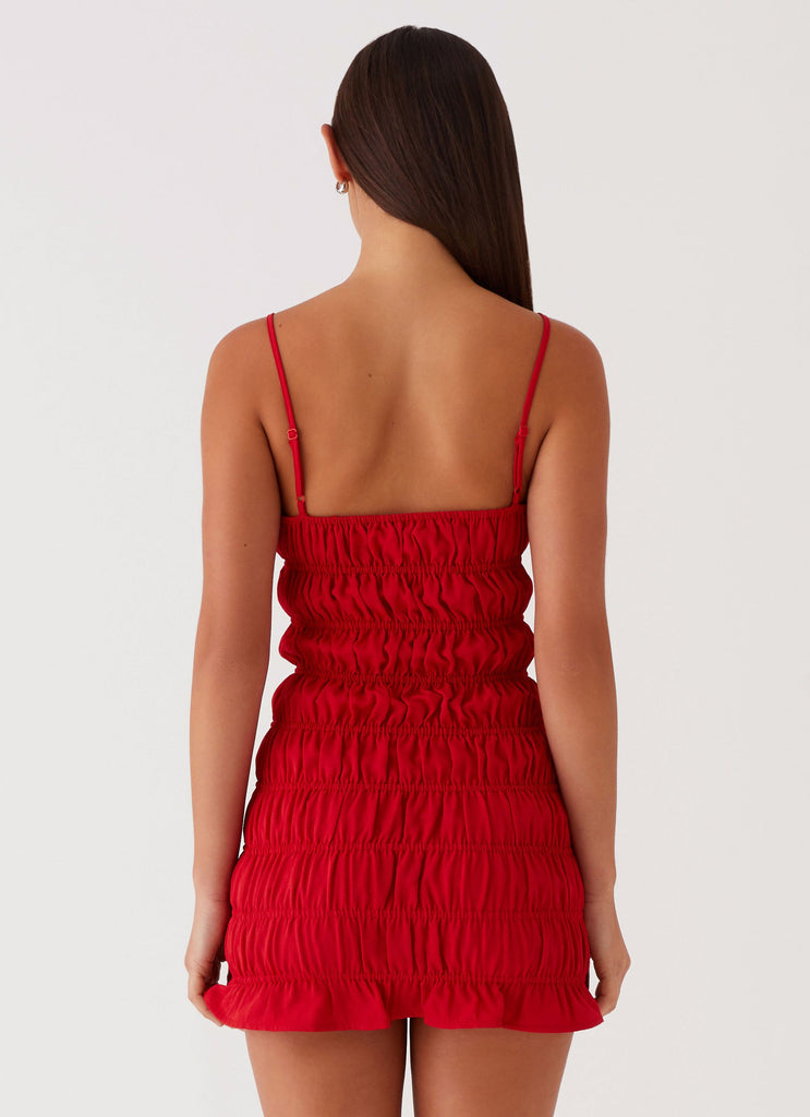 Womens Part Timer Ruched Mini Dress in the colour Red in front of a light grey background