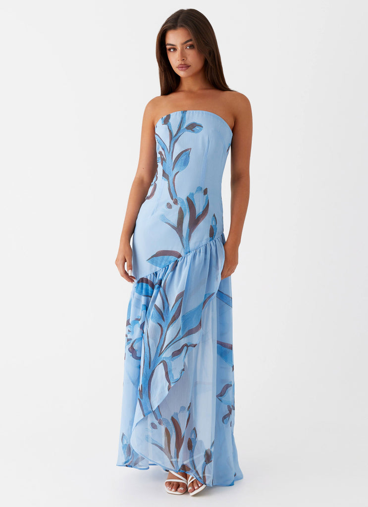 Womens Solaris Strapless Maxi Dress in the colour Blue Floral in front of a light grey background