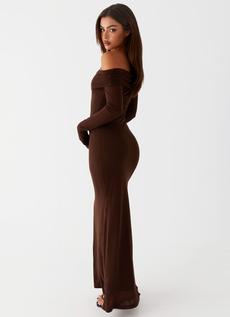 Womens Cocoa Long Sleeve Maxi Dress in the colour Chocolate in front of a light grey background