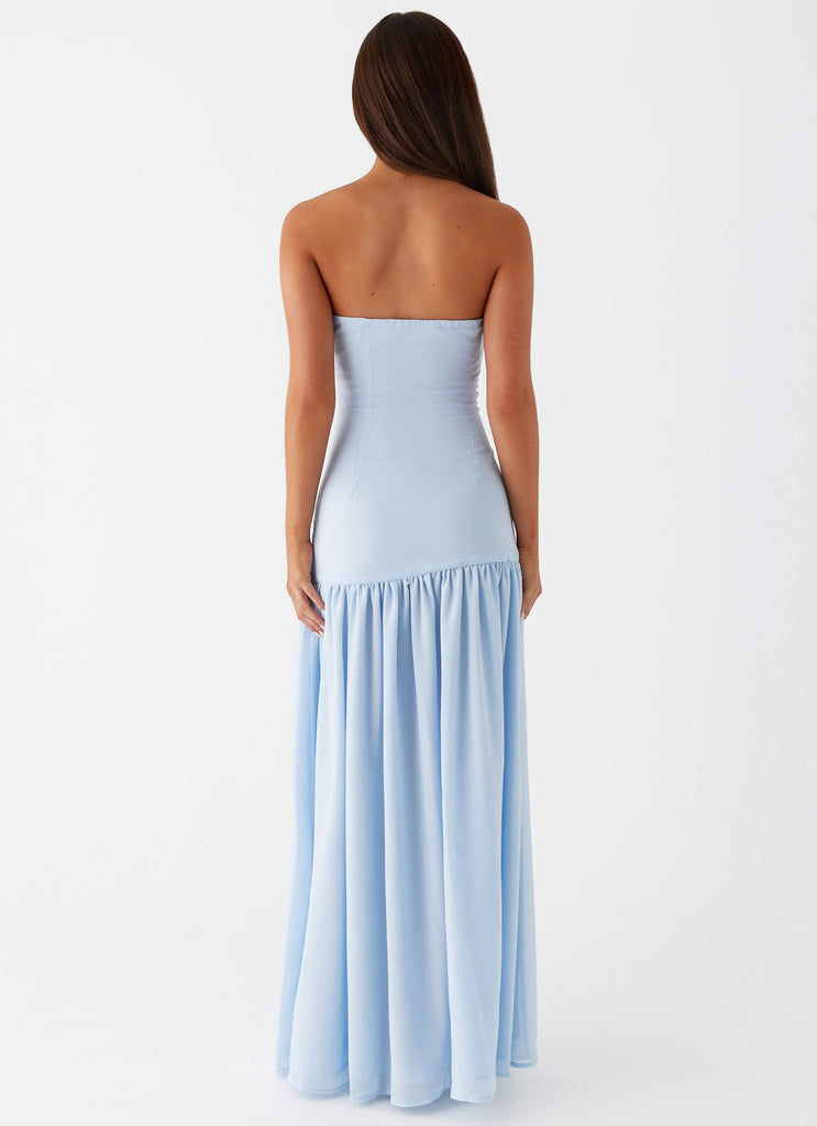 Womens Eden Strapless Maxi Dress in the colour Blue in front of a light grey background