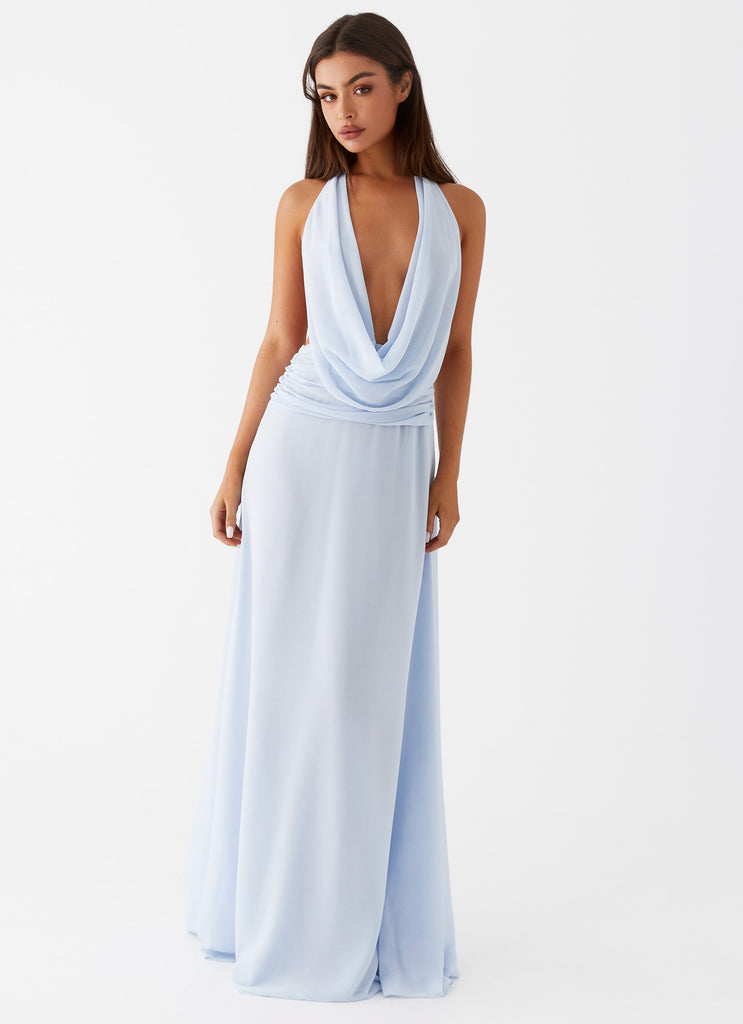 Womens Elysia Chiffon Maxi Dress in the colour Baby Blue in front of a light grey background