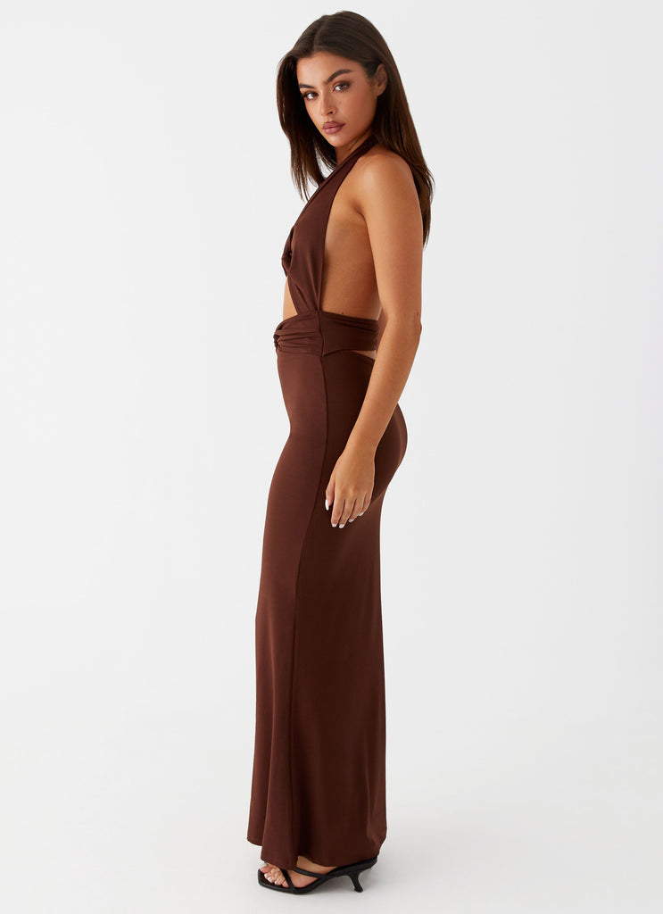 Womens Carolina Twist Maxi Dress in the colour Chocolate in front of a light grey background