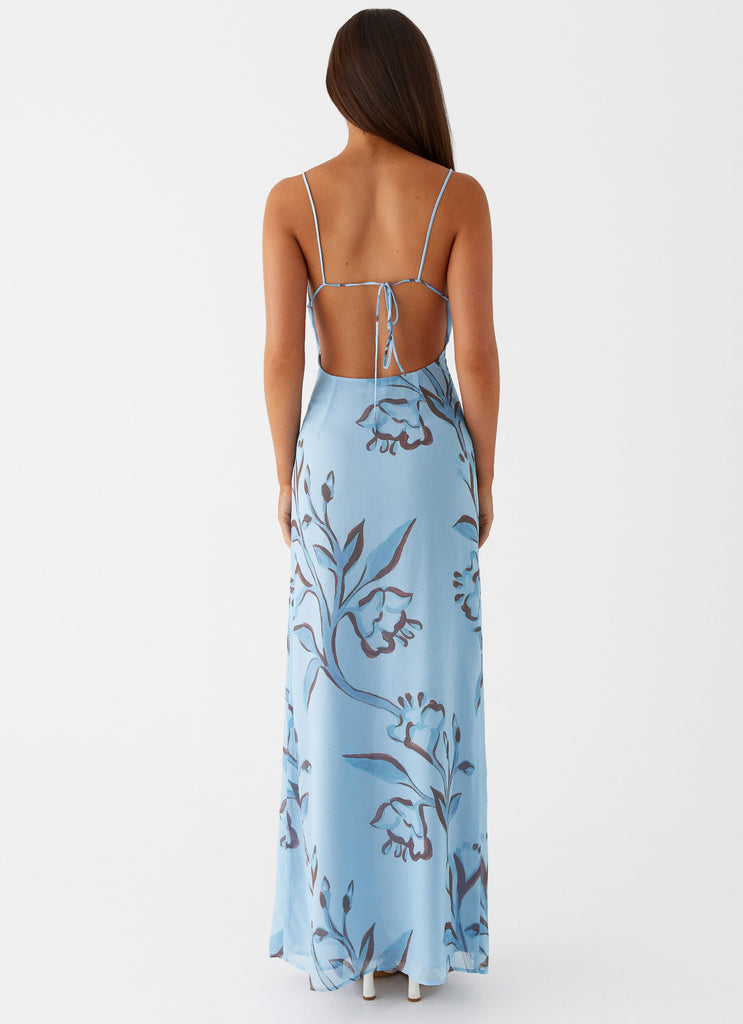 Womens Felicia Daisy Maxi Dress in the colour Blue Floral in front of a light grey background