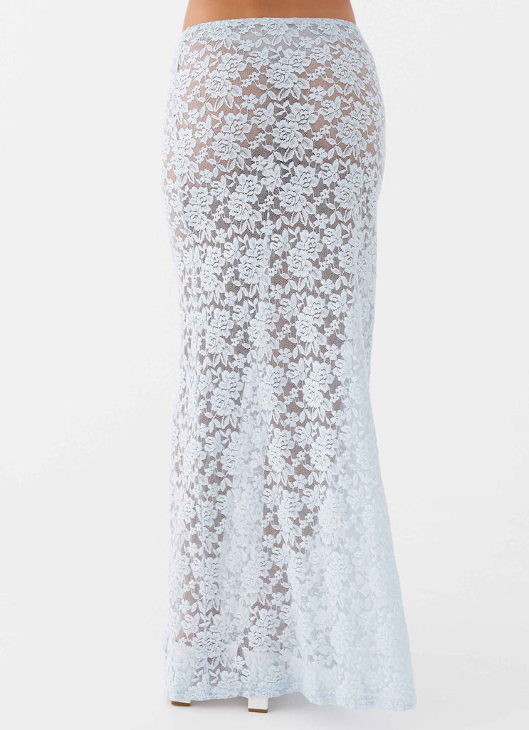 Womens Zephyra Lace Maxi Skirt in the colour Blue Cloud in front of a light grey background